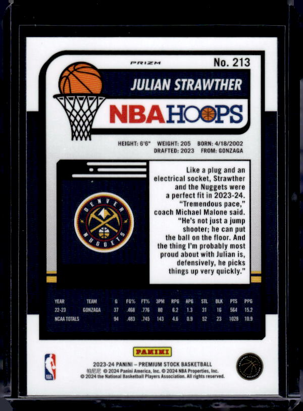 2023-24 Hoops Premium Stock #213 Julian Strawther Ice Prizm