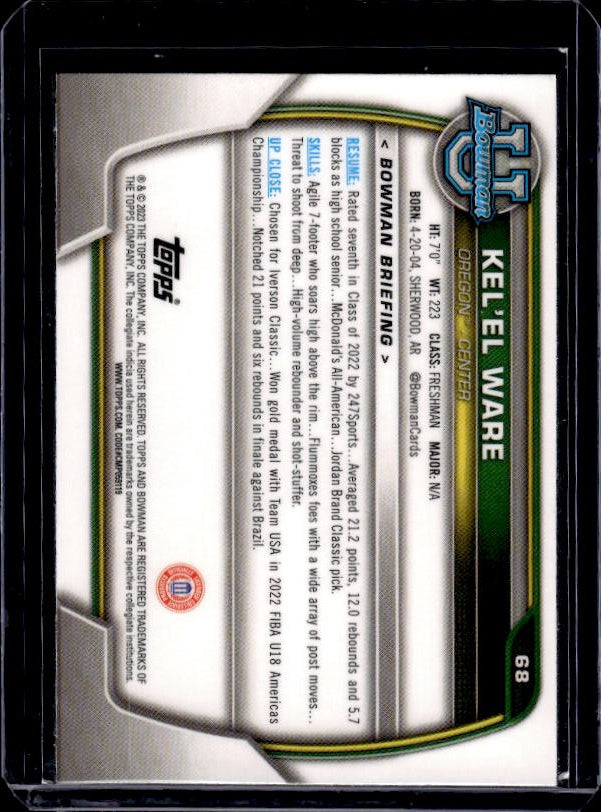 2022-23 Bowman University Chrome #68 Kel'el Ware