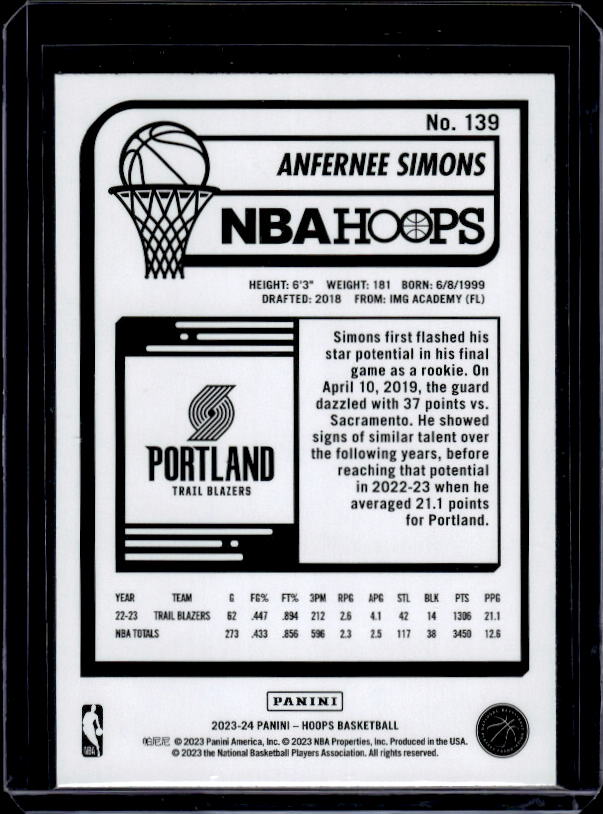 2023-24 Hoops #139 Anfernee Simons Purple