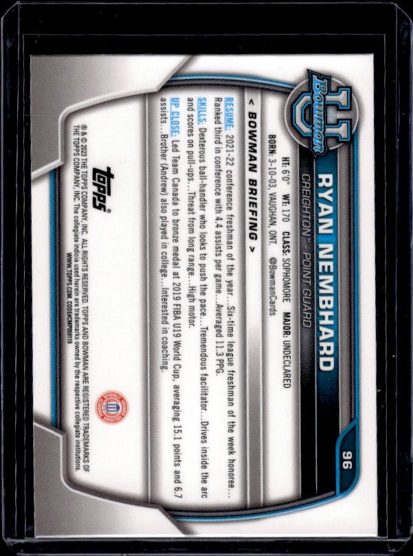 2022-23 Bowman University Chrome #96 Ryan Nembhard