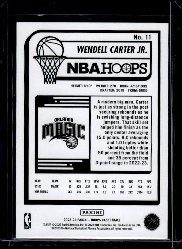 2023-24 Hoops #11 Wendell Carter Jr. Blue