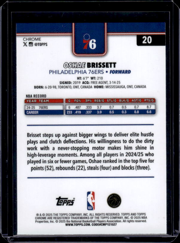 2025-26 Topps Chrome #20 Oshae Brissett Yellow Basketball Refractor #/275