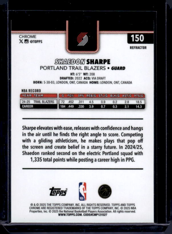 2025-26 Topps Chrome #150 Shaedon Sharpe Basketball Refractor