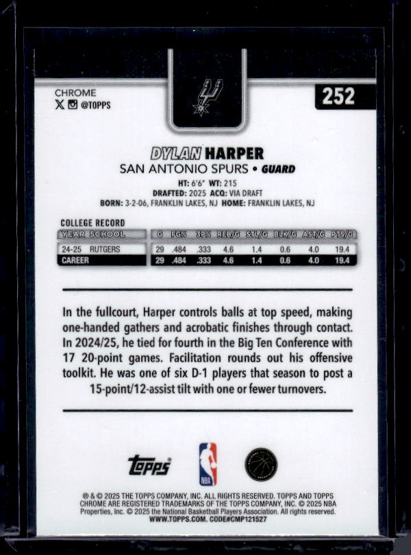 2025-26 Topps Chrome #252 Dylan Harper Red White and Blue Refractor