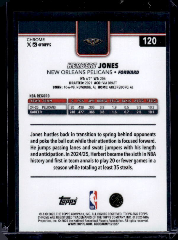 2025-26 Topps Chrome #120 Herbert Jones Red White and Blue Refractor