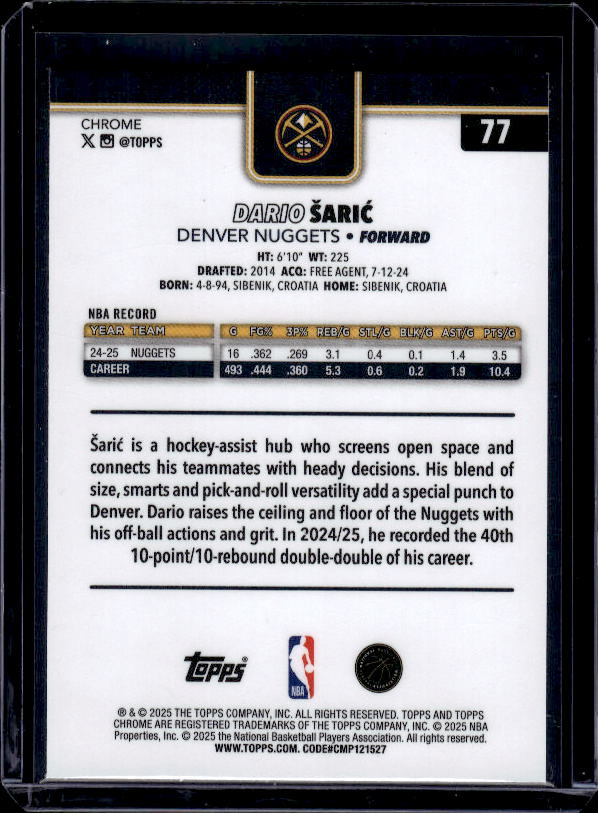 2025-26 Topps Chrome #77 Dario Šarić Red White and Blue Refractor
