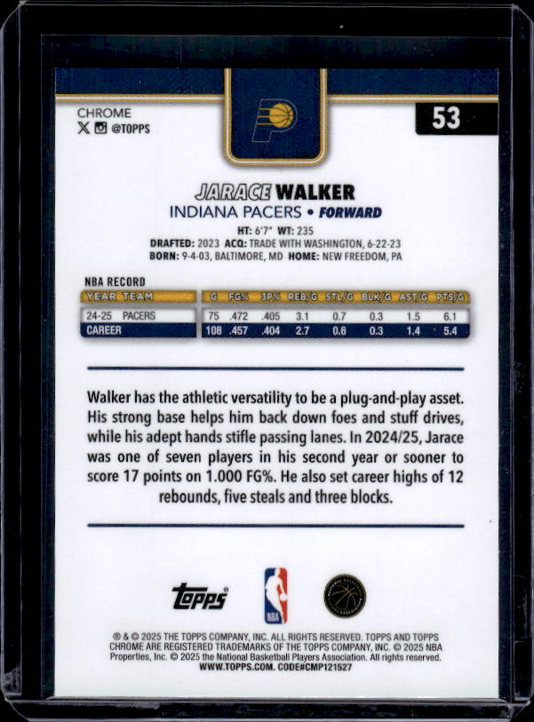 2025-26 Topps Chrome #53 Jarace Walker Red White and Blue Refractor