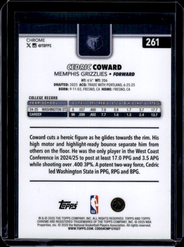 2025-26 Topps Chrome #261 Cedric Coward Red White and Blue Refractor