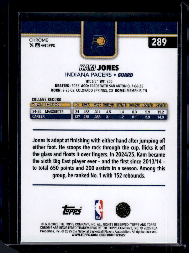 2025-26 Topps Chrome #289 Kam Jones Red White and Blue Refractor