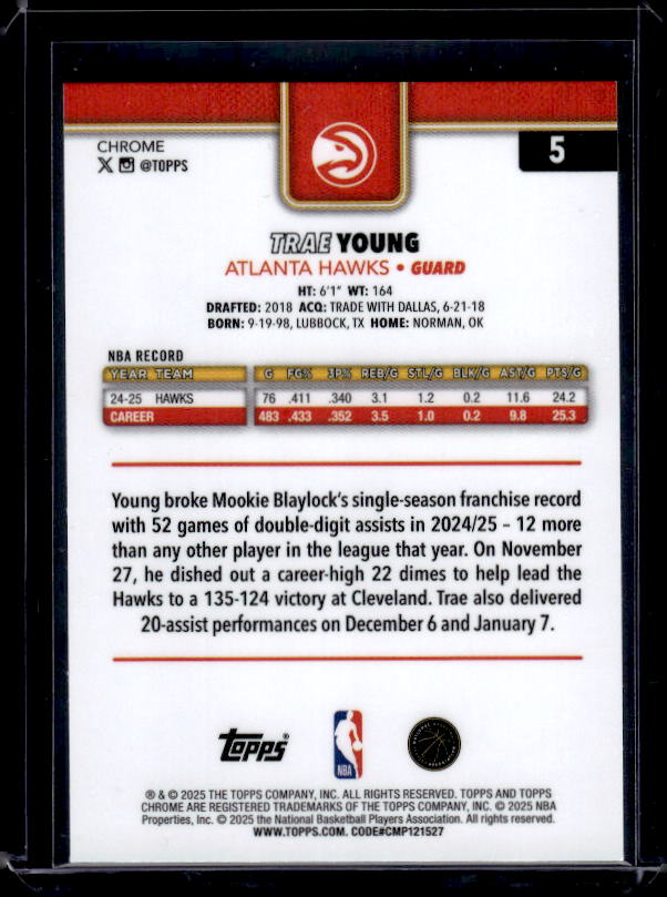 2025-26 Topps Chrome #5 Trae Young Red White and Blue Refractor