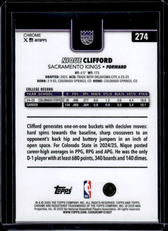 2025-26 Topps Chrome #274 Nique Clifford Red White and Blue Refractor