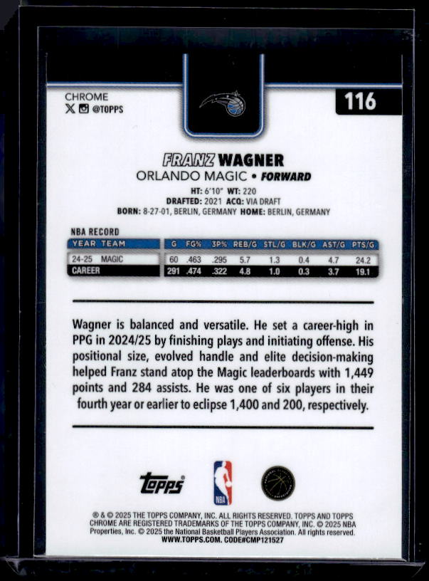 2025-26 Topps Chrome #116 Franz Wagner Red White and Blue Refractor