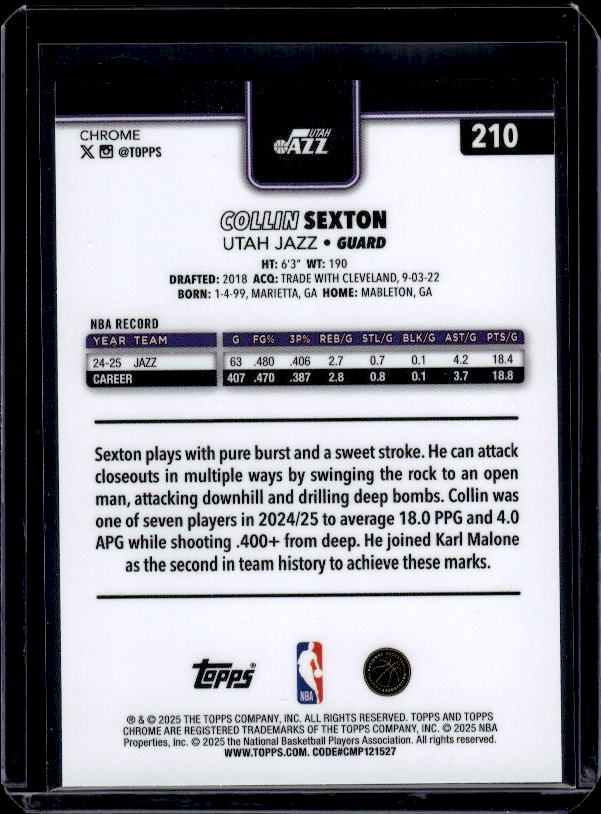 2025-26 Topps Chrome #210 Collin Sexton Red White and Blue Refractor