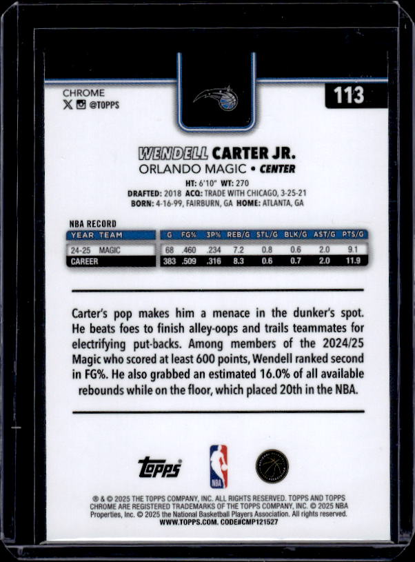 2025-26 Topps Chrome #113 Wendell Carter Jr. Red White and Blue Refractor