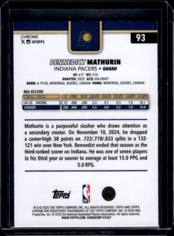 2025-26 Topps Chrome #93 Bennedict Mathurin Basketball Refractor