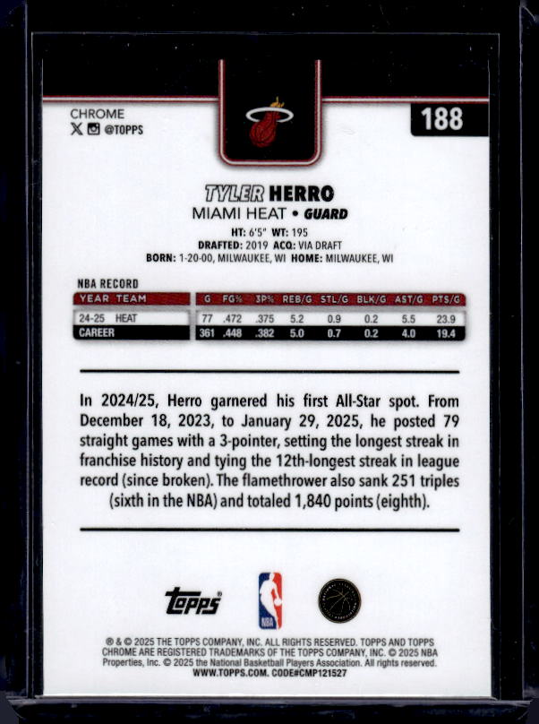 2025-26 Topps Chrome #188 Tyler Herro Basketball Refractor