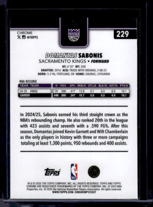 2025-26 Topps Chrome #229 Domantas Sabonis Basketball Refractor
