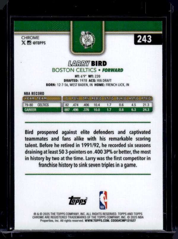 2025-26 Topps Chrome #243 Larry Bird Basketball Refractor