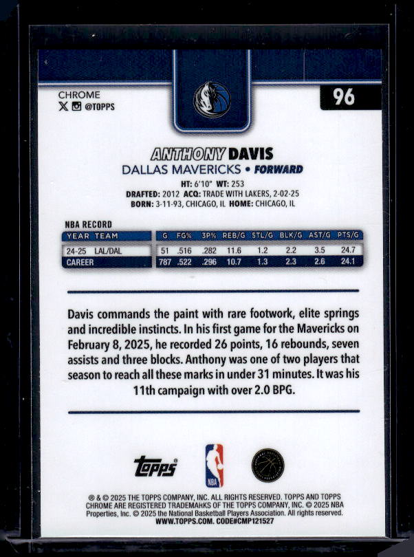 2025-26 Topps Chrome #96 Anthony Davis Basketball Refractor