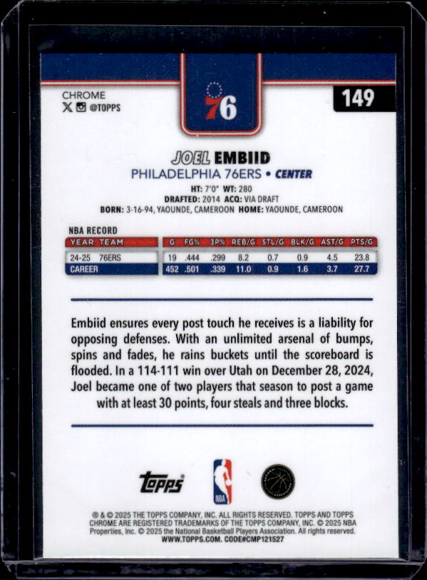 2025-26 Topps Chrome #149 Joel Embiid Basketball Refractor