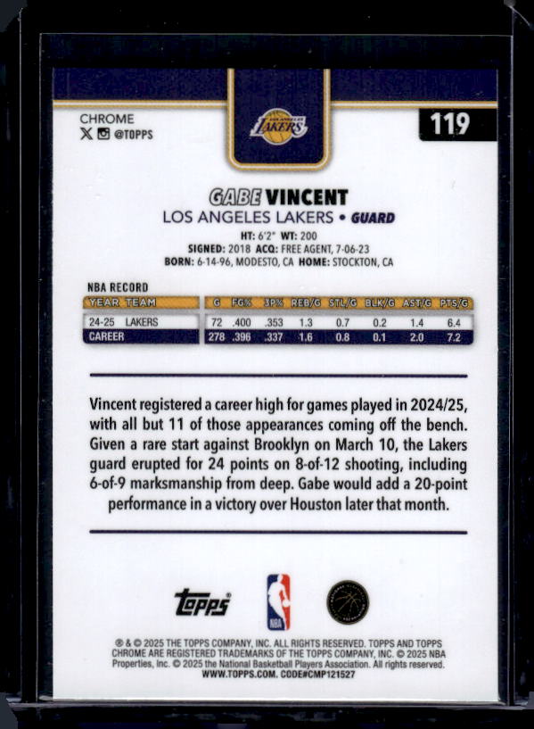 2025-26 Topps Chrome #119 Gabe Vincent Basketball Refractor