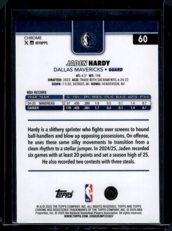 2025-26 Topps Chrome #60 Jaden Hardy Basketball Refractor