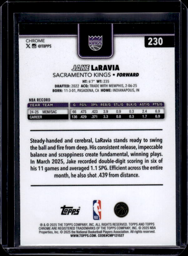 2025-26 Topps Chrome #230 Jake LaRavia Basketball Refractor