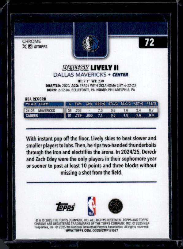 2025-26 Topps Chrome #72 Dereck Lively II Basketball Refractor