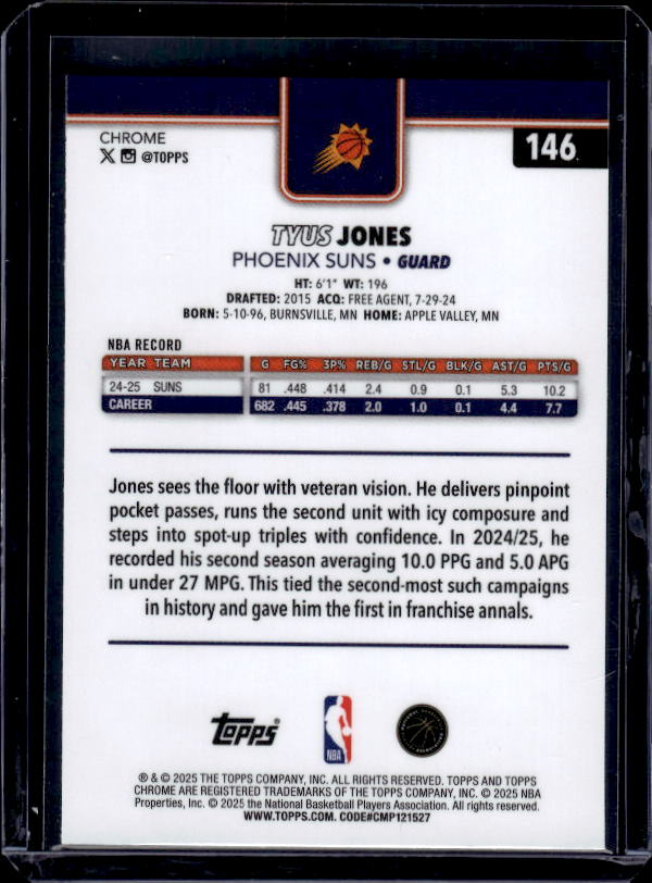 2025-26 Topps Chrome #146 Tyus Jones Basketball Refractor