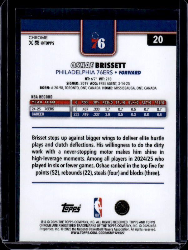 2025-26 Topps Chrome #20 Oshae Brissett Basketball Refractor