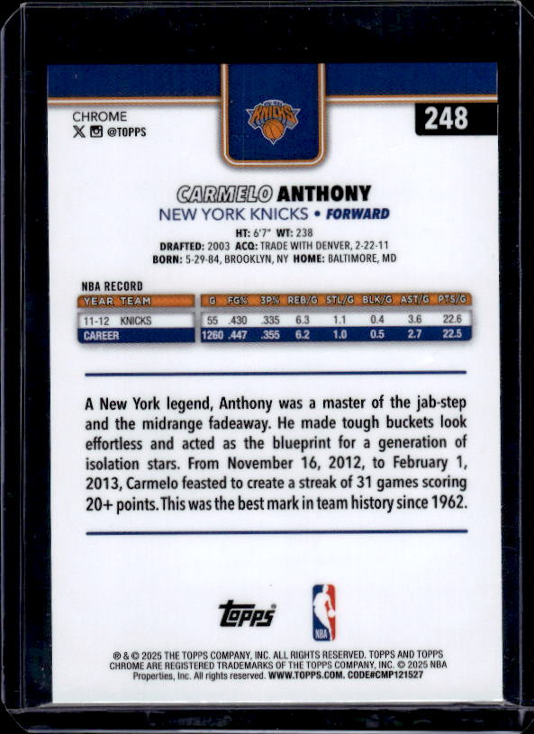 2025-26 Topps Chrome #248 Carmelo Anthony Basketball Refractor