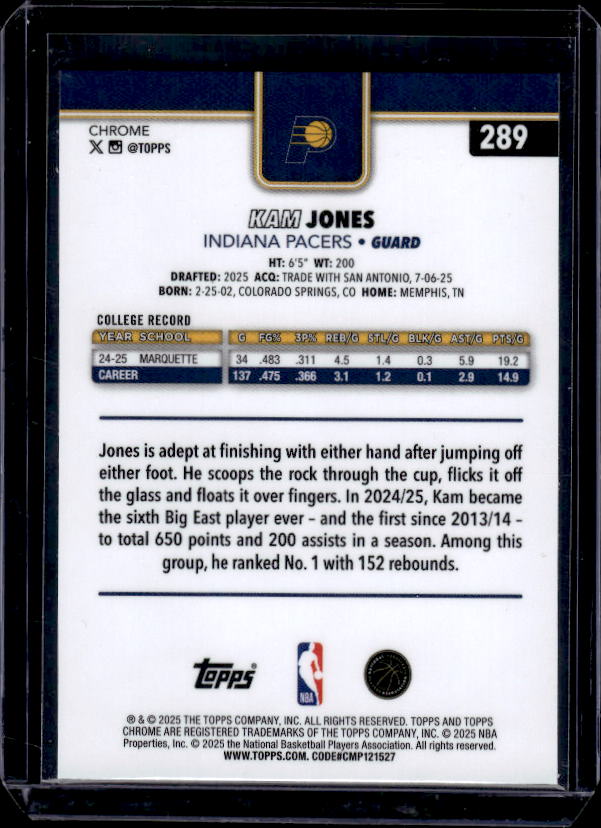 2025-26 Topps Chrome #289 Kam Jones Basketball Refractor