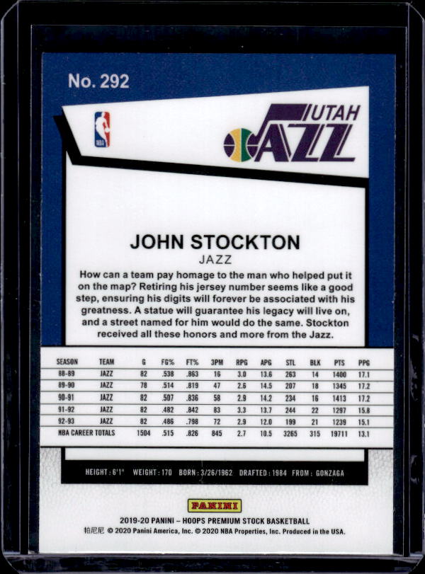 2019-20 Hoops Premium Stock #292 John Stockton