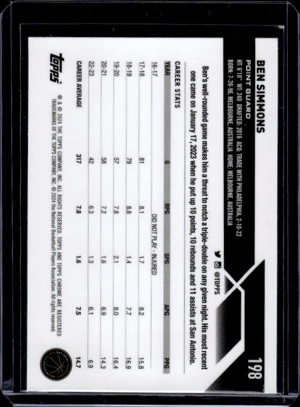 2023-24 Topps Chrome #198 Ben Simmons Refractors
