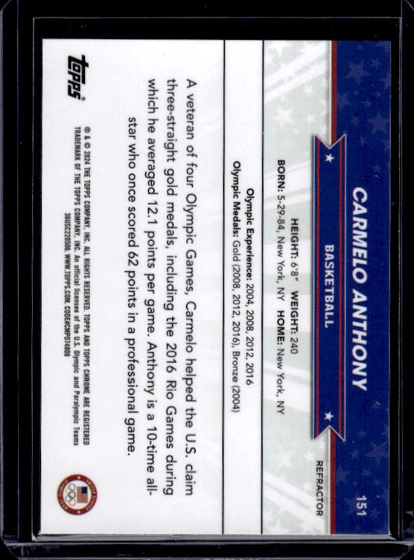 2024 Topps Chrome U.S. Olympics & Paralympic Hopefuls #151 Carmelo Anthony Holo