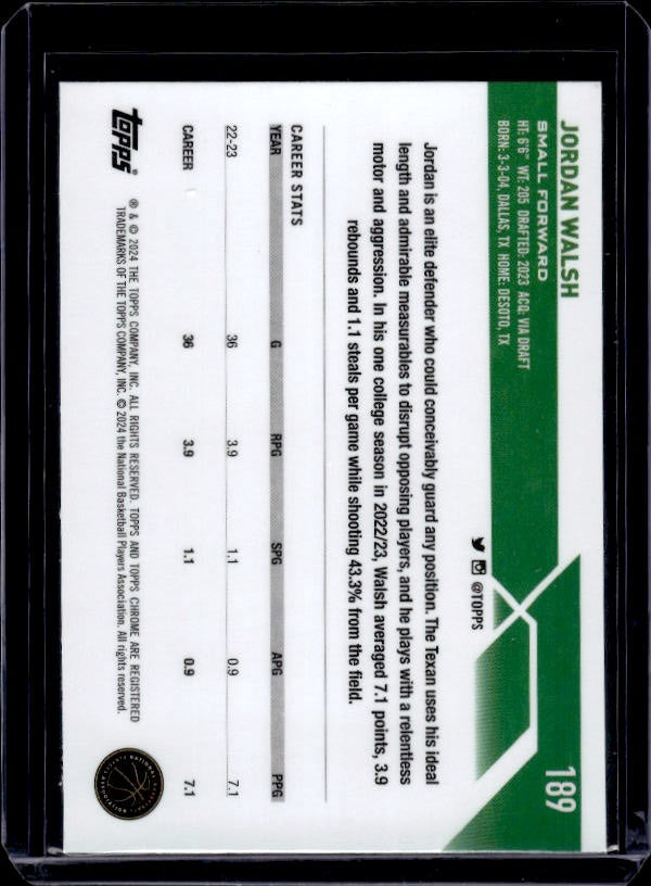 2023-24 Topps Chrome #189 Jordan Walsh Green Logo Refractors