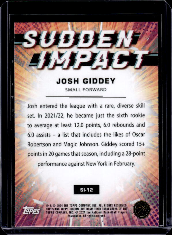 2023-24 Topps Chrome #SI-12 Josh Giddey Sudden Impact