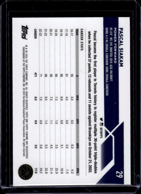 2023-24 Topps Chrome #29 Pascal Siakam Blue Basketball Refractors