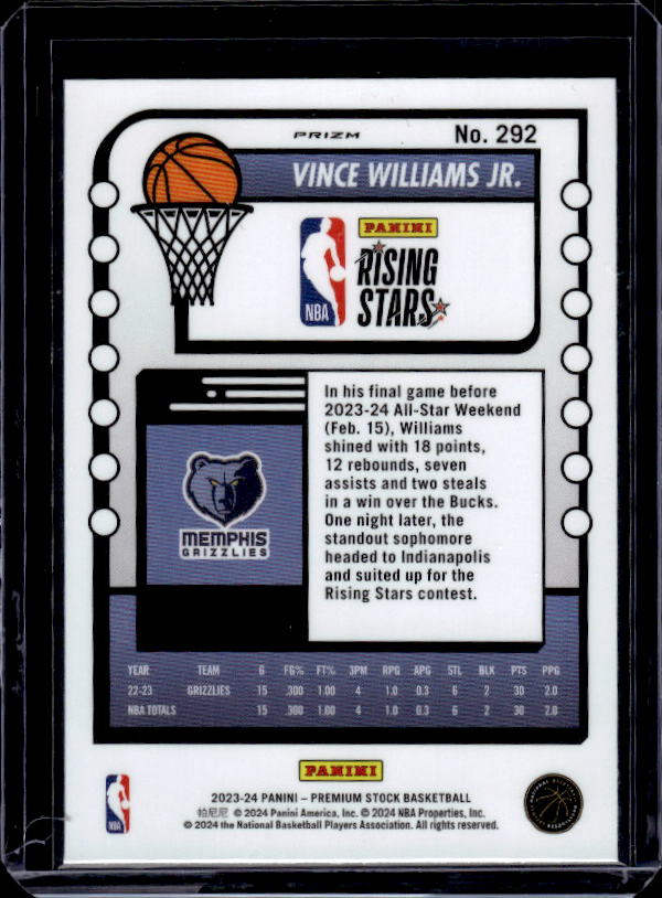 2023-24 Hoops Premium Stock #292 Vince Williams Jr. Silver Prizm