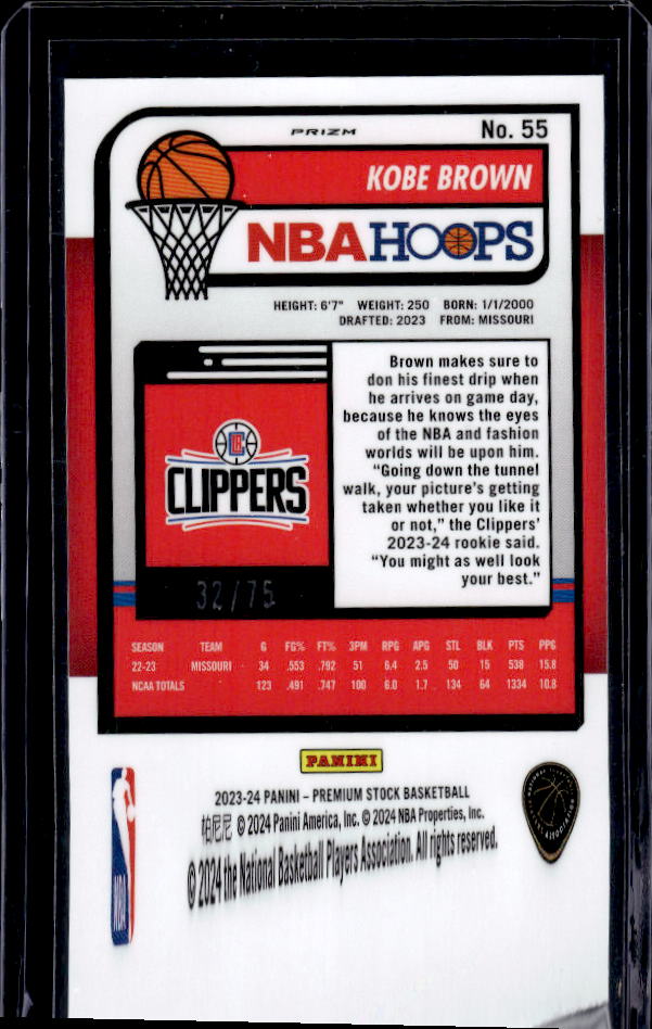2023-24 Hoops Premium Stock #55 Kobe Brown Silver Prizm