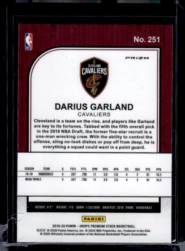 2019-20 Hoops Premium Stock #251 Darius Garland Prizms Purple Disco