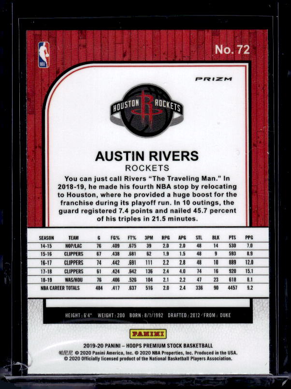 2019-20 Hoops Premium Stock #72 Austin Rivers Prizms Green