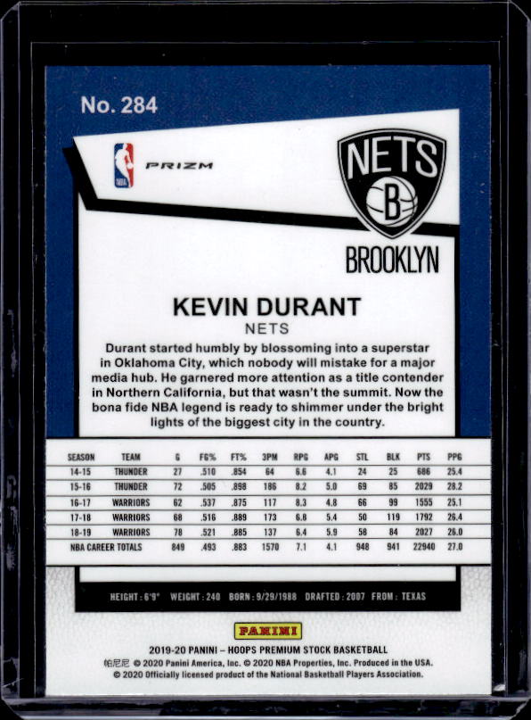 2019-20 Hoops Premium Stock #284 Kevin Durant Prizms Silver