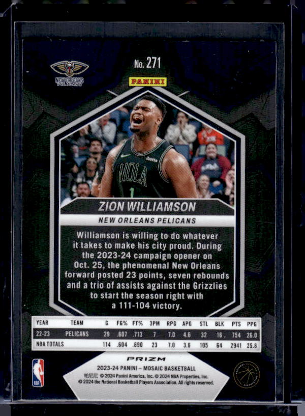 2023-24 Panini Mosaic #271 Zion Williamson Reactive Blue