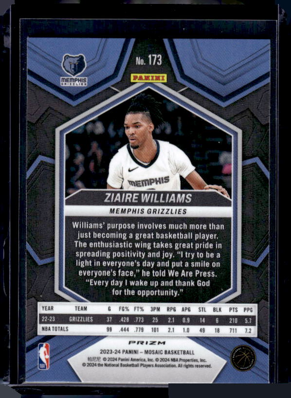 2023-24 Panini Mosaic #173 Ziaire Williams Reactive Blue