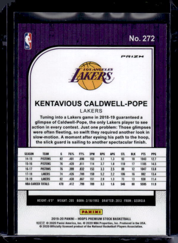 2019-20 Hoops Premium Stock #272 Kentavious Caldwell-Pope Prizms Purple Disco