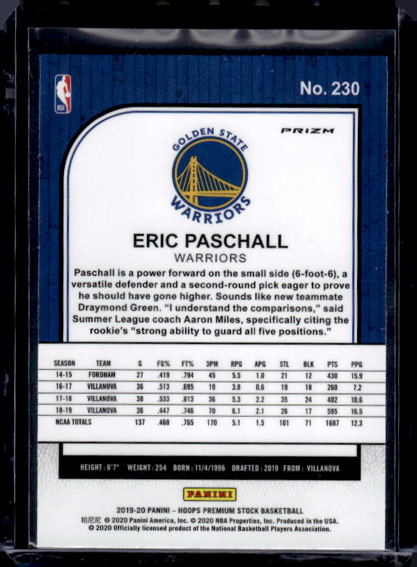 2019-20 Hoops Premium Stock #230 Eric Paschall Prizms Purple Disco