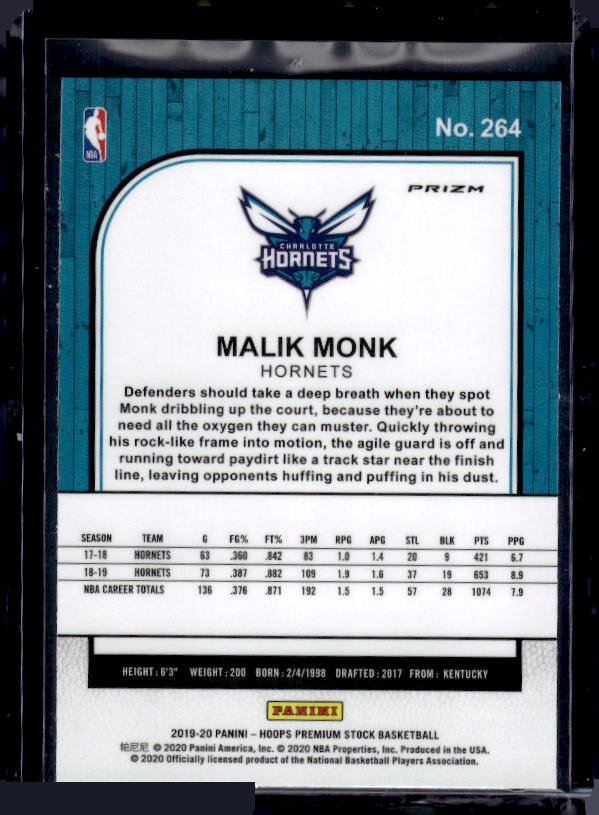 2019-20 Hoops Premium Stock #264 Malik Monk Prizms Purple Disco