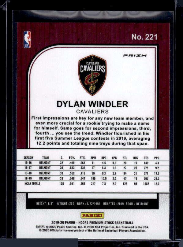 2019-20 Hoops Premium Stock #221 Dylan Windler Prizms Purple Disco