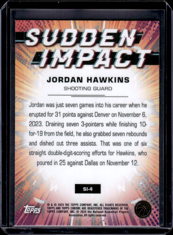 2023-24 Topps Chrome #SI-4 Jordan Hawkins Sudden Impact Refractor Green Topps